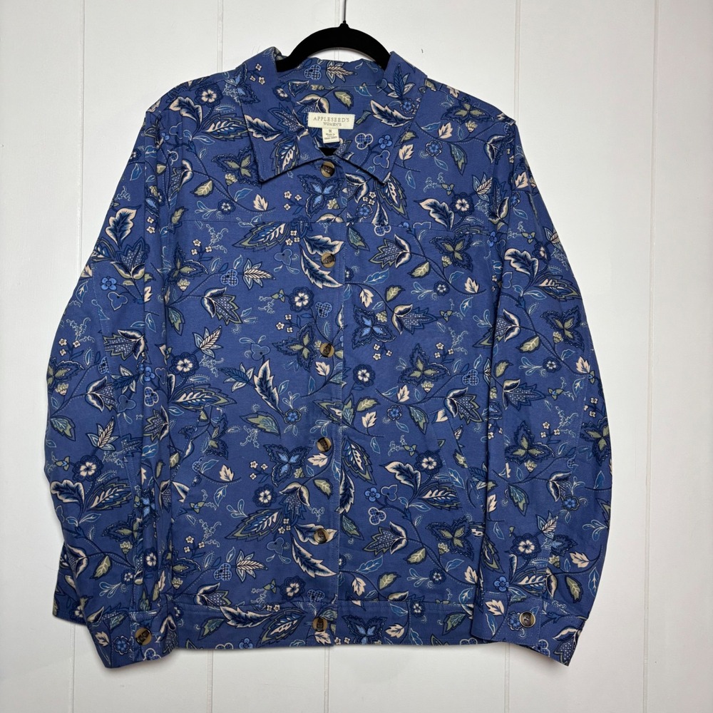 Appleseeds Plus 1X Blue Floral Paisley Cotton Canvas Cottagecore Jacket Earthy